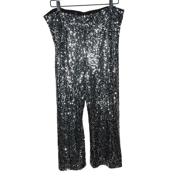 Anthropologie Colette Cropped Wide Leg Sequin Pants Black Silver Maeve Size 33 - Picture 4 of 11